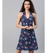 Cotton Floral Printed Short Dress Blue