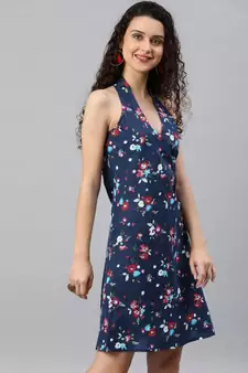 Cotton Floral Printed Short Dress Blue