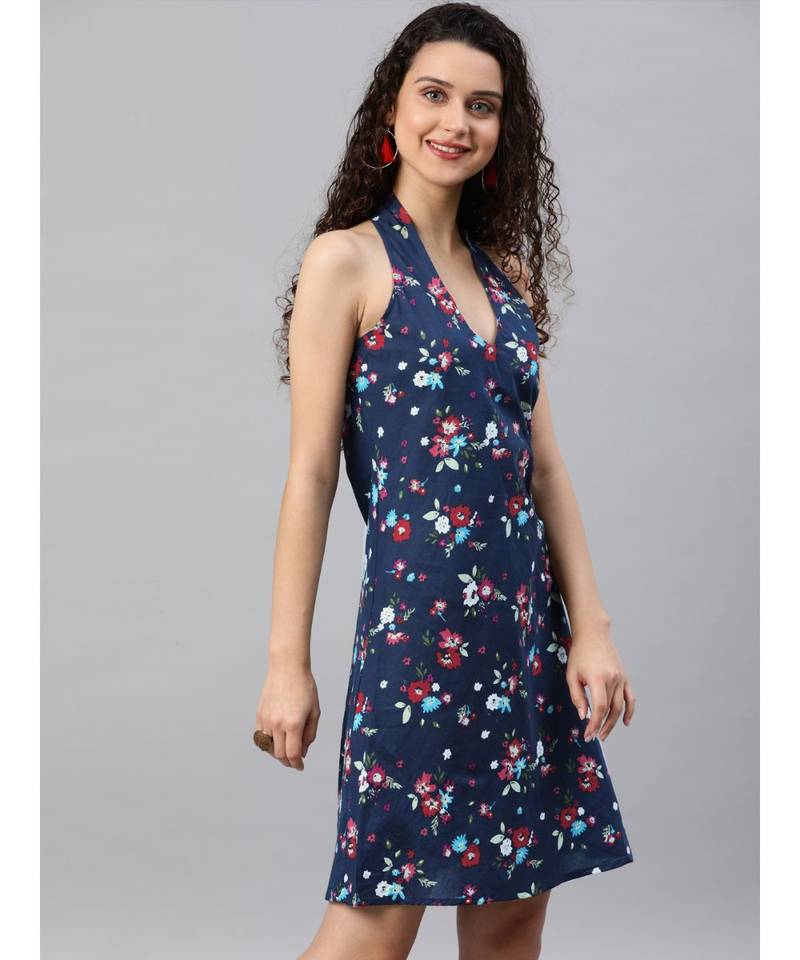 Cotton Floral Printed Short Dress Blue