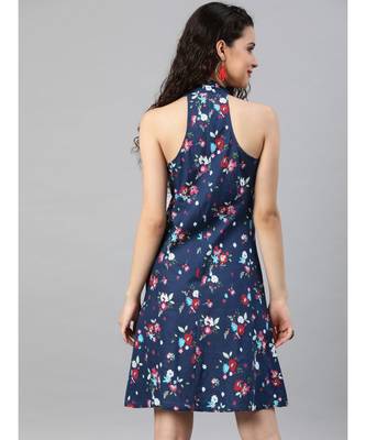 Cotton Floral Printed Short Dress Blue 3