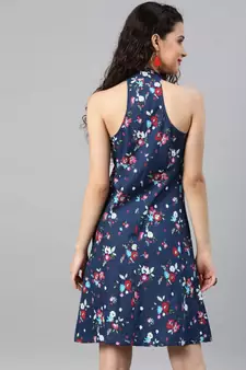 Cotton Floral Printed Short Dress Blue