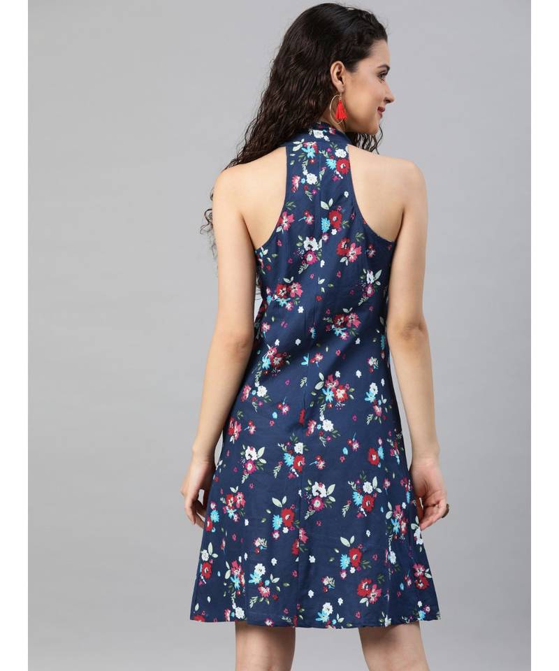 Cotton Floral Printed Short Dress Blue