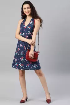 Cotton Floral Printed Short Dress Blue