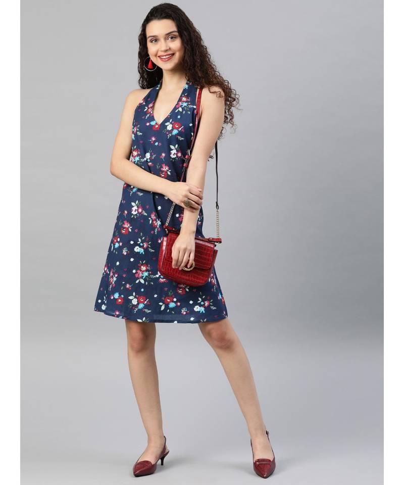 Cotton Floral Printed Short Dress Blue