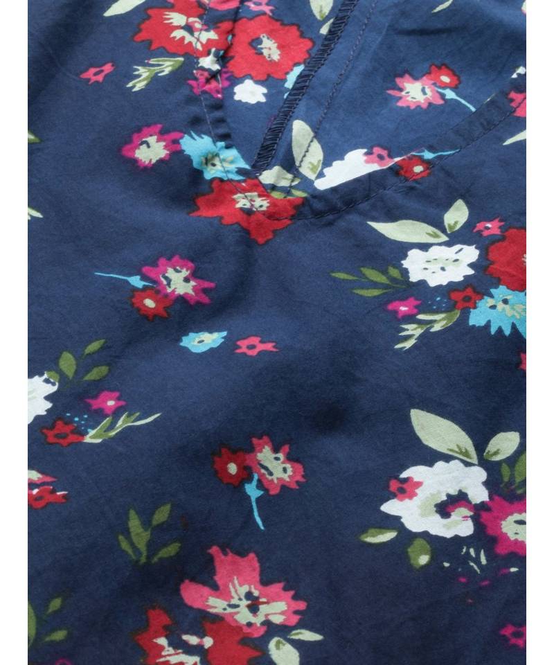 Cotton Floral Printed Short Dress Blue