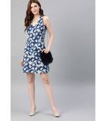 Cotton Floral Printed Short Dress Blue