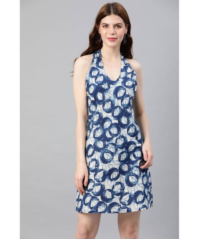 Cotton Floral Printed Short Dress Blue