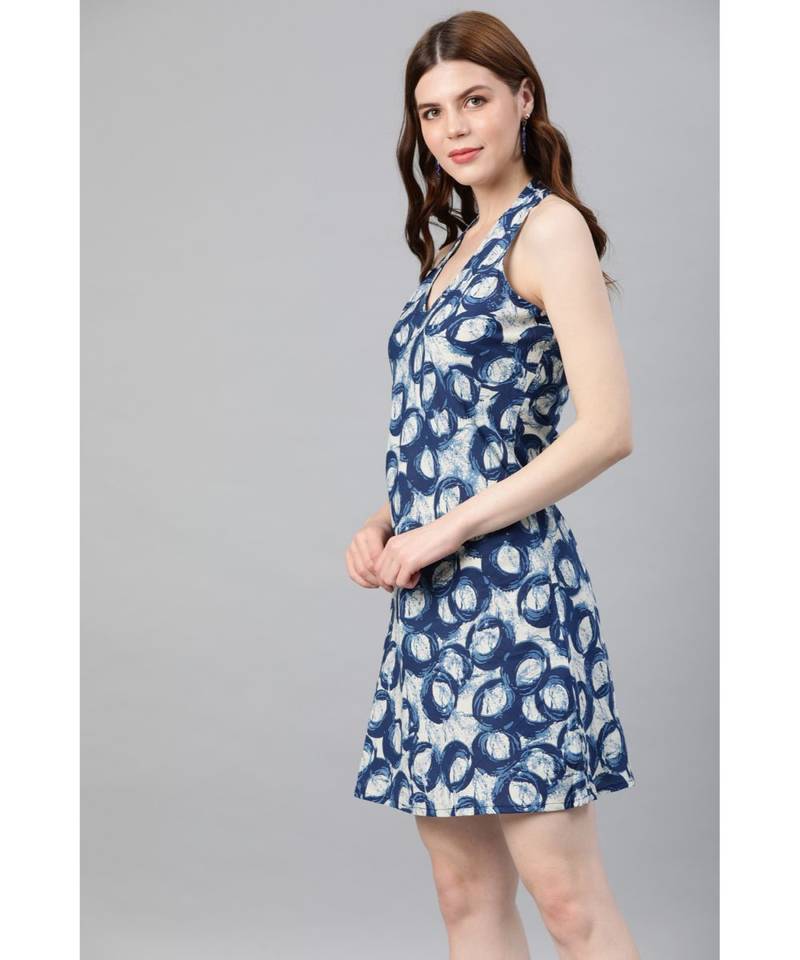 Cotton Floral Printed Short Dress Blue