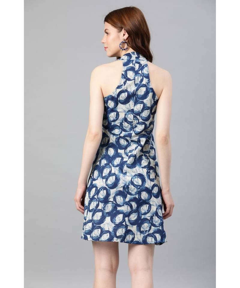 Cotton Floral Printed Short Dress Blue