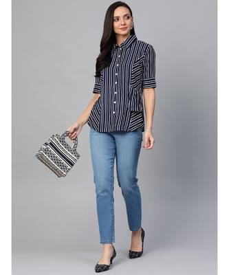 Womens Stripe Printed Casual Shirt Blue 1