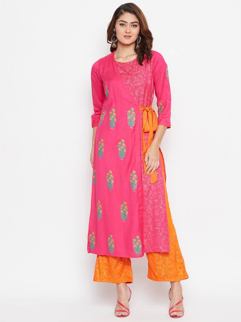 Women Block Printed Overlap Layered Kurta Pallazo Set