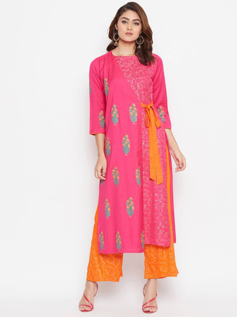 Women Block Printed Overlap Layered Kurta Pallazo Set