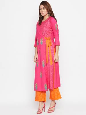 Women Block Printed Overlap Layered Kurta Pallazo Set 3