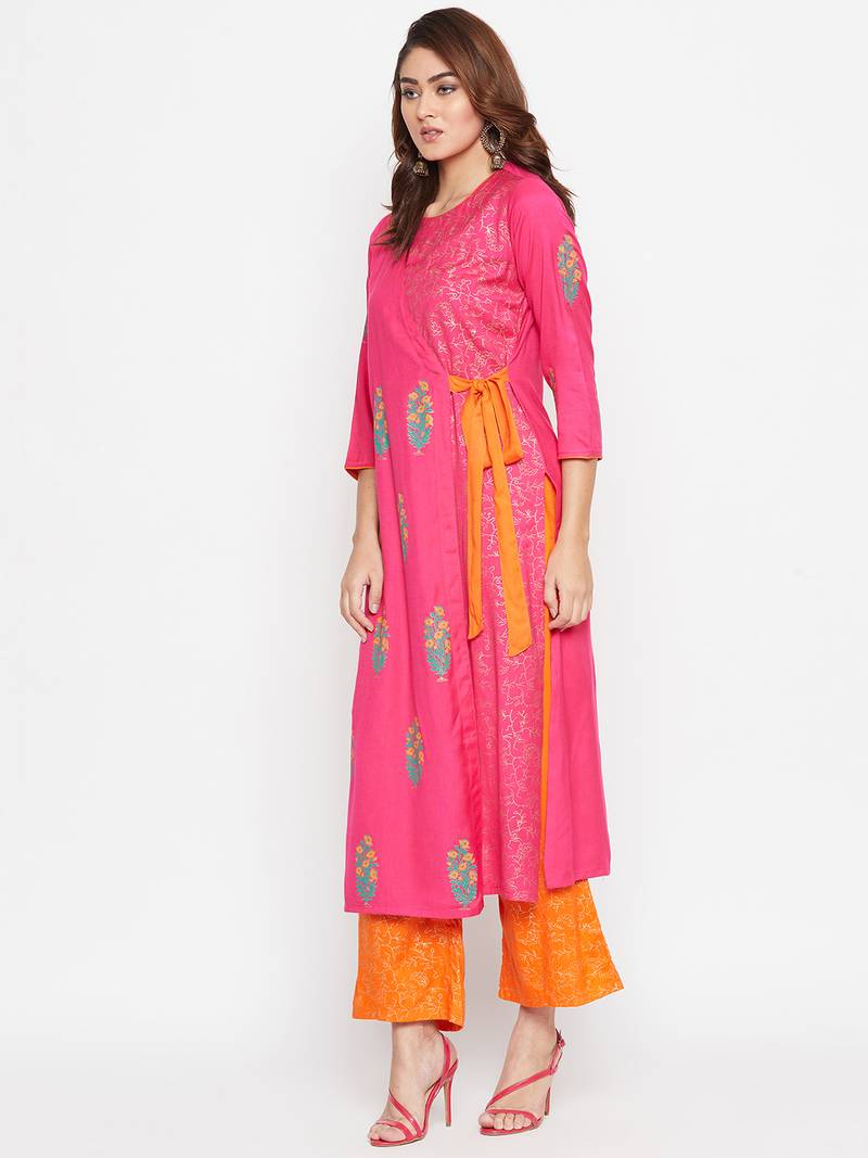 Women Block Printed Overlap Layered Kurta Pallazo Set