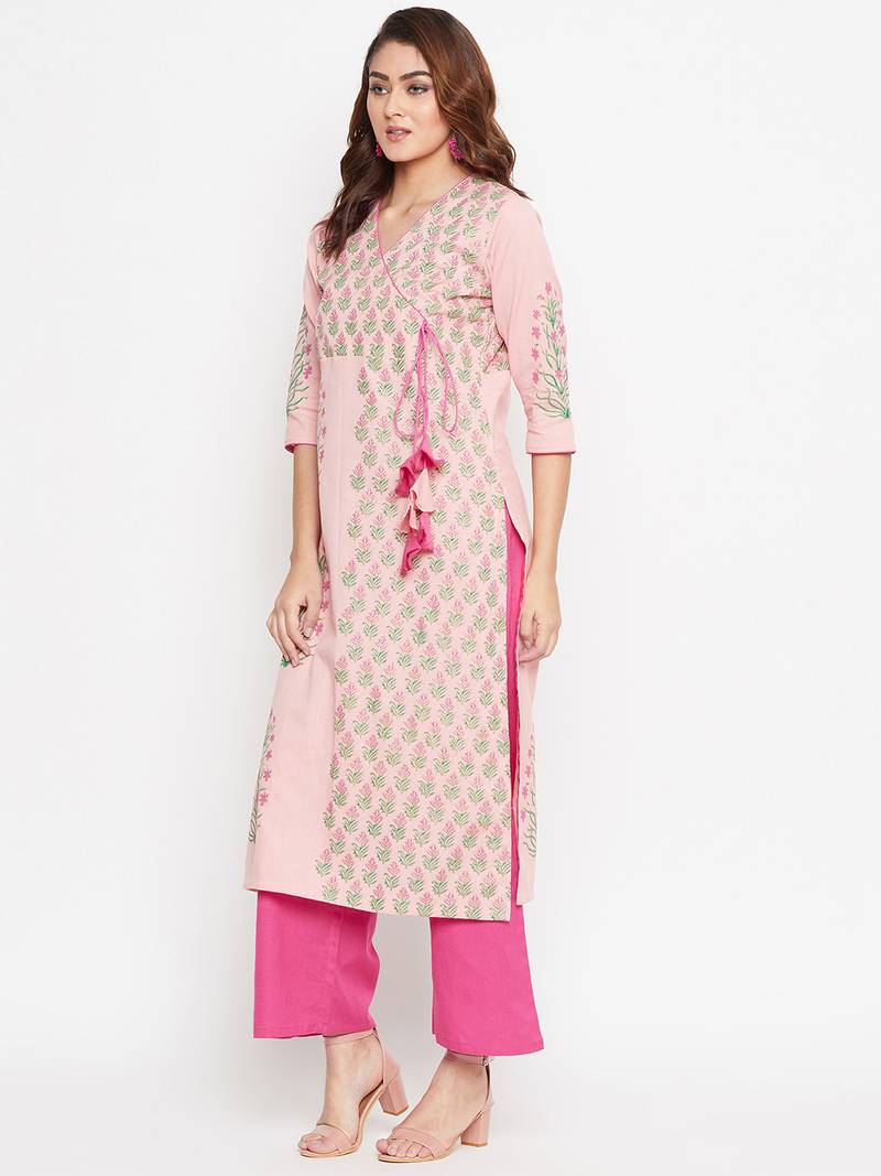 Women Angrakha Yoke Block Printed Kurta Pallazo Set