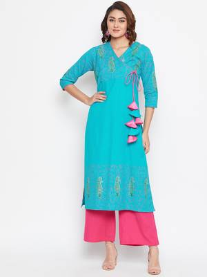 Women Angrakha Block Printed Kurta Pallazo Set 1