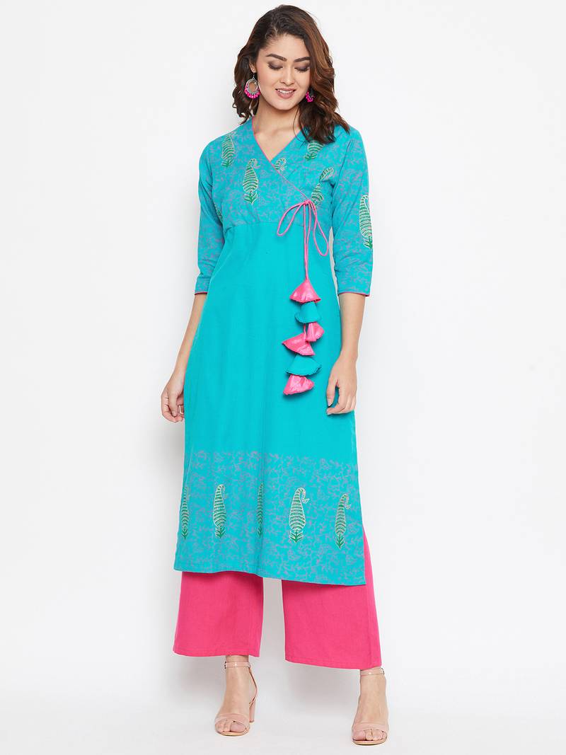 Women Angrakha Block Printed Kurta Pallazo Set