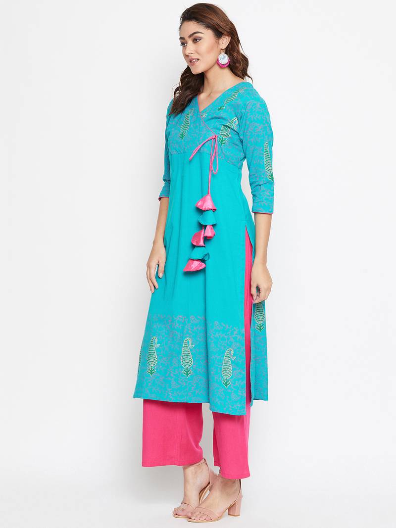 Women Angrakha Block Printed Kurta Pallazo Set