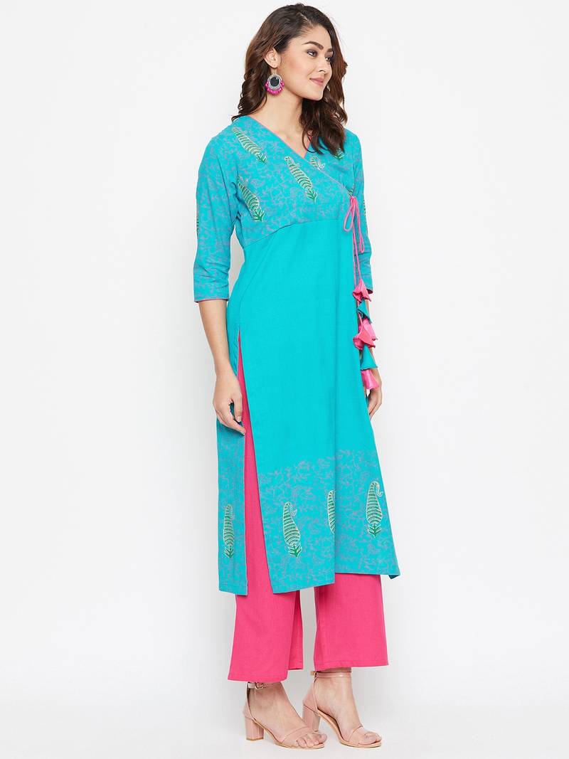 Women Angrakha Block Printed Kurta Pallazo Set