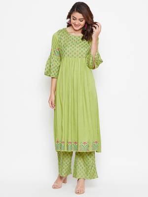 Women Block Printed Gethered Kurta Pallazo Set 2