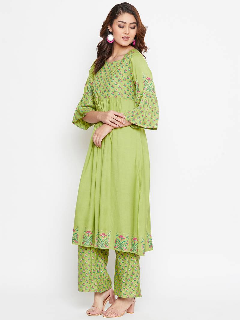 Women Block Printed Gethered Kurta Pallazo Set