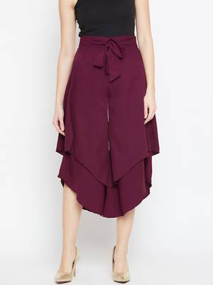 Women Burgundy Asymmetrical Layered Trouser 1