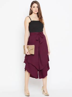Women Burgundy Asymmetrical Layered Trouser 2