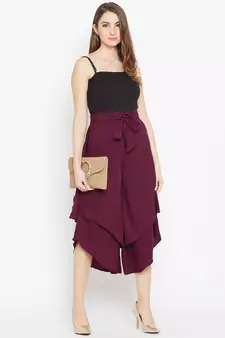 Women Burgundy Asymmetrical Layered Trouser