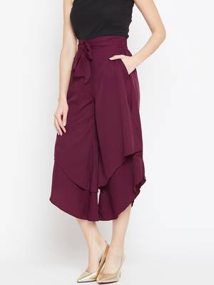 Women Burgundy Asymmetrical Layered Trouser 4