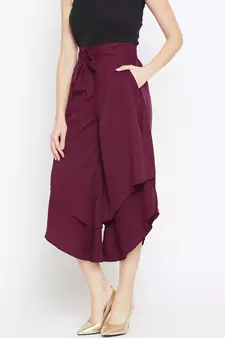 Women Burgundy Asymmetrical Layered Trouser
