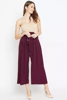Women Burgundy Pleated Trouser