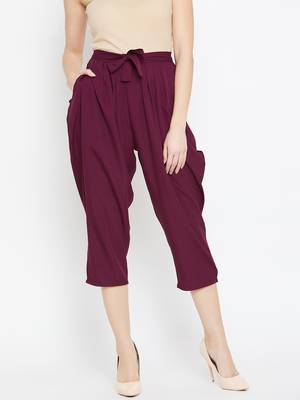 Women Burgundy Pleated Crop Trouser 1