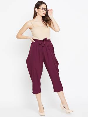 Women Burgundy Pleated Crop Trouser 2