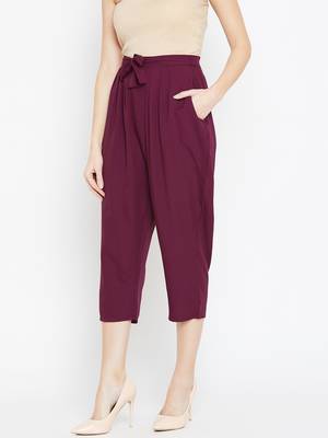 Women Burgundy Pleated Crop Trouser 4