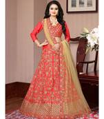 Outstanding Tomato Red Colored Partywear Designer Embroidered Malay Satin  CancanLehenga Choli
