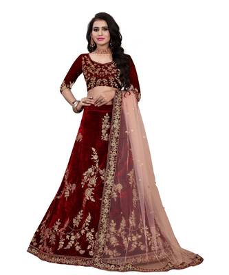 Maroon Colored Designer Partywear Embroidered Work Velvet Material  Cancan Lehenga Choli 1