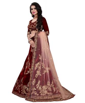 Maroon Colored Designer Partywear Embroidered Work Velvet Material  Cancan Lehenga Choli 2