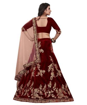 Maroon Colored Designer Partywear Embroidered Work Velvet Material  Cancan Lehenga Choli 3