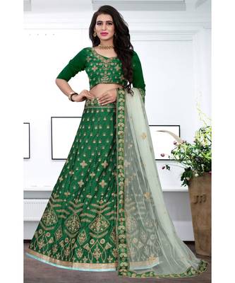 Green Colored Designer Partywear Embroidered Work Malay satin Material Cancan Lehenga Choli 1