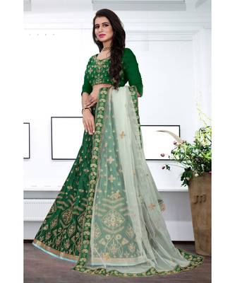 Green Colored Designer Partywear Embroidered Work Malay satin Material Cancan Lehenga Choli 2