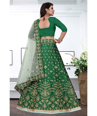 Green Colored Designer Partywear Embroidered Work Malay satin Material Cancan Lehenga Choli 3
