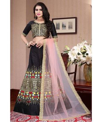 Black Colored Designer Partywear Embroidered Work Malay satin Material  Cancan Lehenga Choli 1