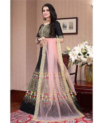 Black Colored Designer Partywear Embroidered Work Malay satin Material  Cancan Lehenga Choli 2