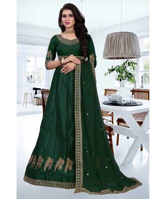 Green Colored Designer Partywear Embroidered Work Silk Material  Cacan Lehenga Choli 1