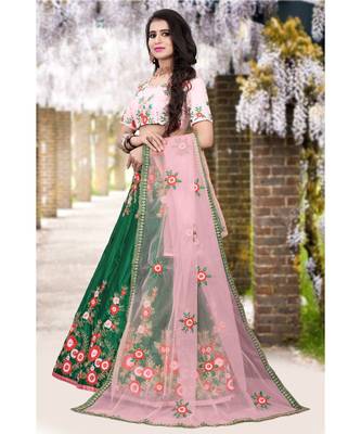 Green Colored Partywear Designer Embroidered Malay Satin Silk Cancan Lehenga Choli 1
