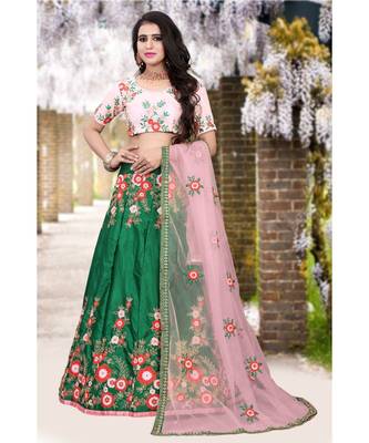 Green Colored Partywear Designer Embroidered Malay Satin Silk Cancan Lehenga Choli 2