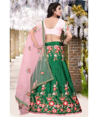 Green Colored Partywear Designer Embroidered Malay Satin Silk Cancan Lehenga Choli 3