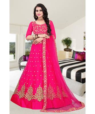 Pink Colored Partywear Designer Embroidered Net With Malay Satin Material Cancan  Lehenga Choli 1