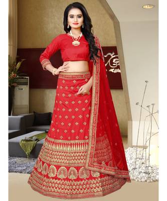 Red Colored Party Wear Designer Embroidered Malay Satin Cancan Lehenga Choli 1