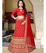 Red Colored Party Wear Designer Embroidered Malay Satin Cancan Lehenga Choli